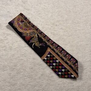 Milano Silk Ornate Baroque Pattern Tie Black Gold Purple‎ Designer Necktie